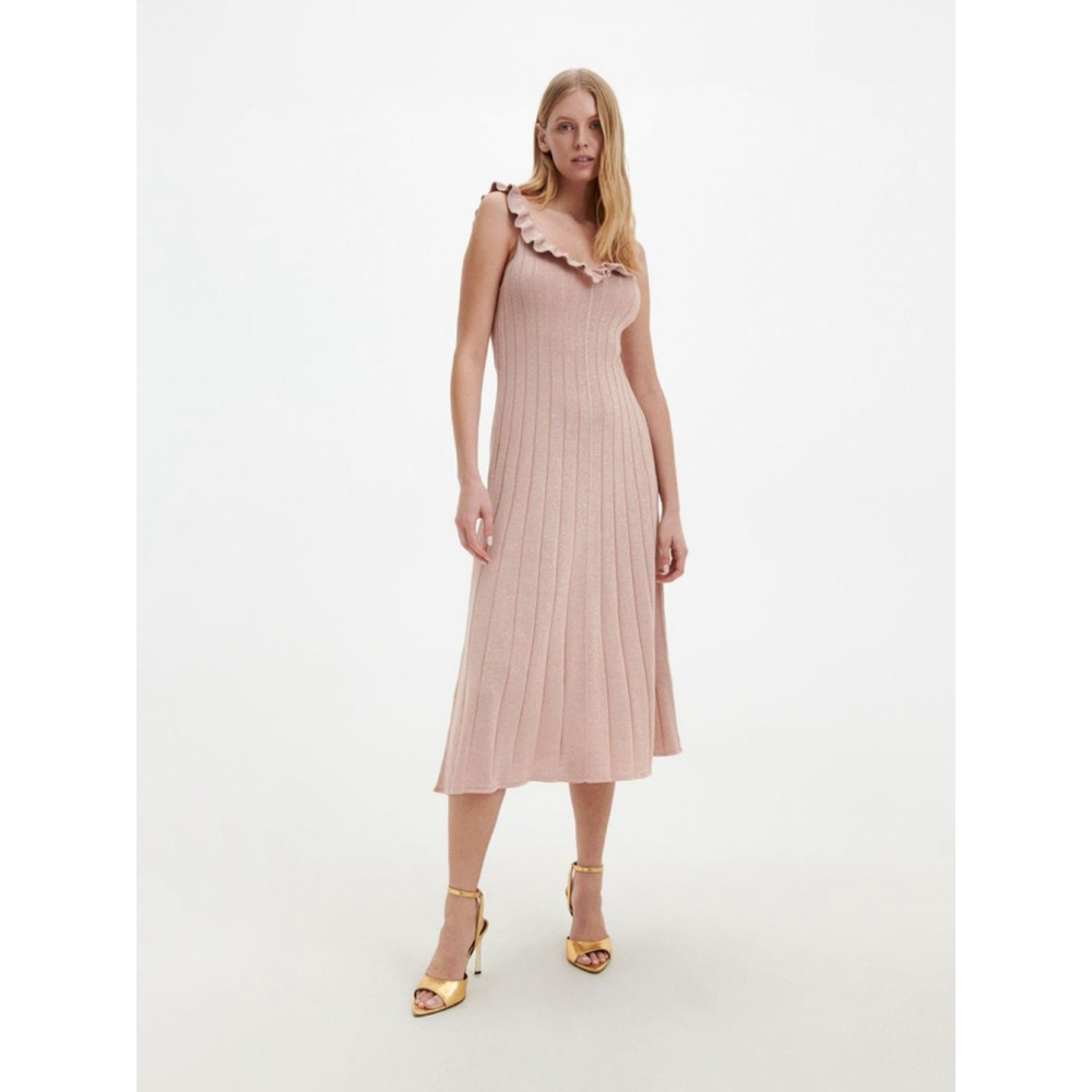 Women's Reserved Pink Shimmer Ruffle Knit Midi Dress M